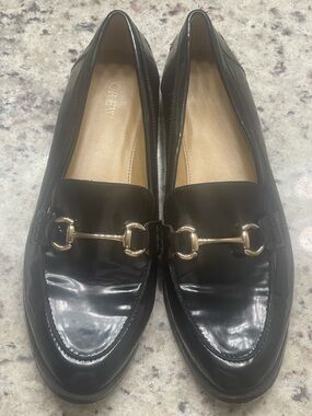 J. Crew Black Patent Leather Loafers with Gold Horsebit